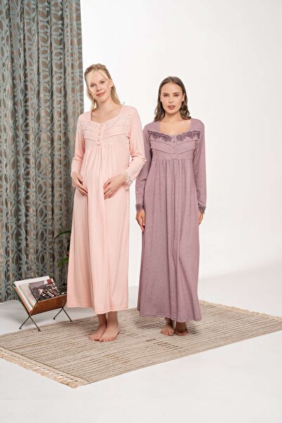 Lohussa Women's Burgundy Nevrürlü Melisa Buttoned Thick Winter Plus Size (Oversized) Long Sleeve Full Length Nightgown