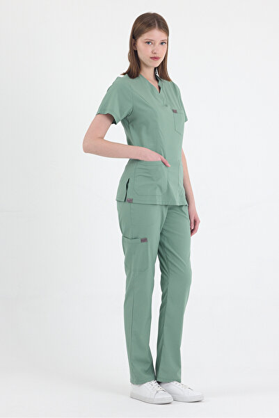 MAZEY UNİFORM Çağla Yeşili Likralı Viscon V Yaka Fit Kesim, Hemşire ve Doktor...