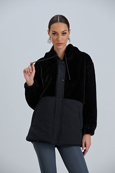 PIQUE Kadin Mont Kapüşonlu Rüzgar Geçirmez Peluş Panelli Kadın Mont