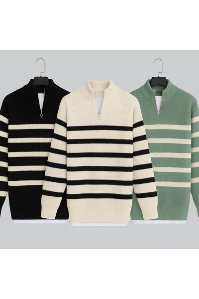 oneoff Pachet de 3 pulovere tricotate cu dungi, cu guler cu jumătate de fermo...