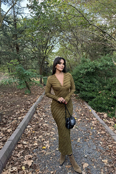 MOZENA Ters Dikiş V Yaka Uzun Elbise