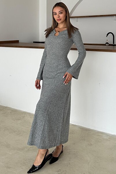Olcay Knitted Dress with Accessories on the Front Gray 9367-E