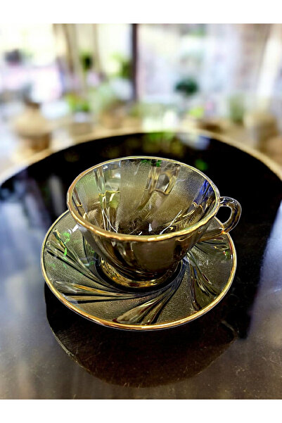 AYZ HOME Gold Edged Khaki Glass 6-Piece Tea Cup Set – Double Coffee Cup Set / Large Size