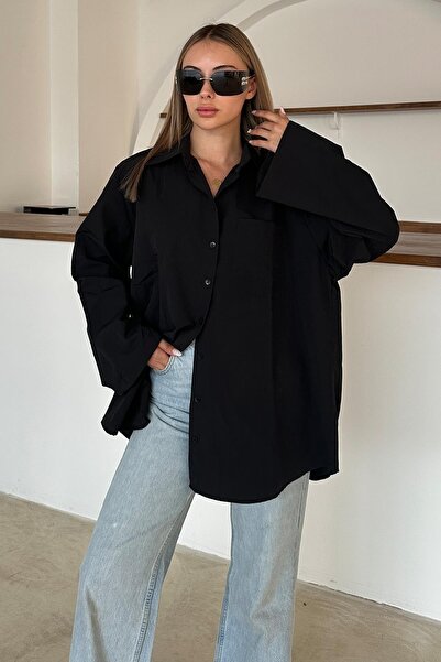 Olcay Spanish Sleeve Loose Cotton Shirt Black 9365