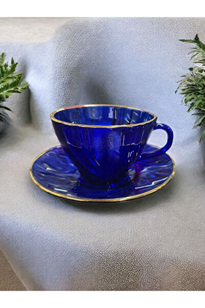 AYZ HOME طقم فناجين شاي زجاجية باللون الأزرق الداكن مع حواف ذهبية - طقم فناجي...