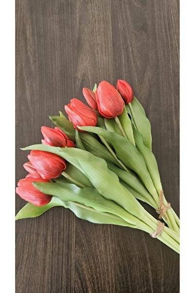 Omelas Yapay Çiçek Islak Lale Islak Dokulu Lale Demet 30 Cm. Kırmızı 7 Dallı....