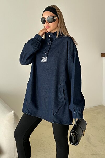 Olcay Tunica casual din denim în față cu pietre aplicate ALBASTRU ÎNCHIS 9831