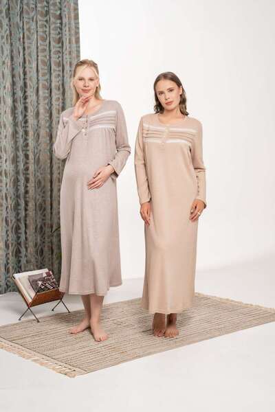 Lohussa Women's Beige Melange Lace Detailed Buttoned Winter Plus Size (Oversized) Long Sleeve Full Length Nightgown