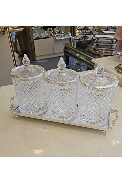 MaviDamla 4 PARÇA TEPSİLİ KRİSTAL CAMLI KAVANOZ SETİ GÜMÜŞ DETAY ŞERİTLİ