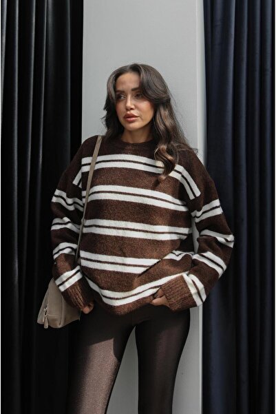 Havoş Kahverengi Çizgili Yumuşak Dokulu Kazak