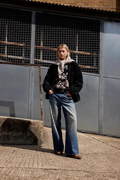 september island Christine Black Corded Fabric Velvet Oversized Unlined Spring Coat