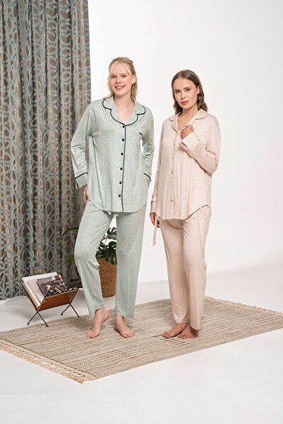 Lohussa Women's Turquoise Checkered Front Buttoned Special Design Maternity Pajama Set