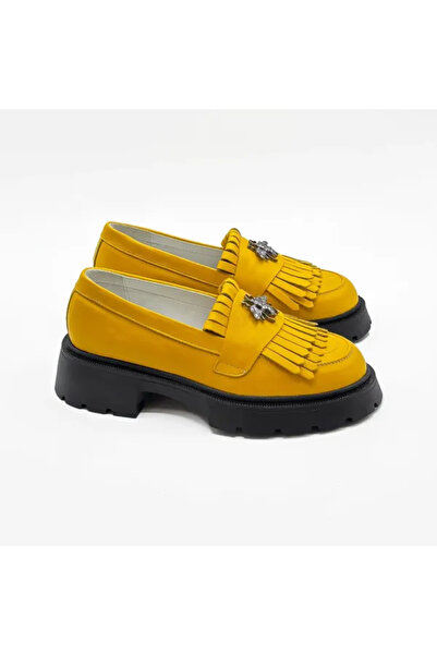 Piello Mocasini damă, piele naturală, cu Franjuri și Accesoriu metalic, Galben