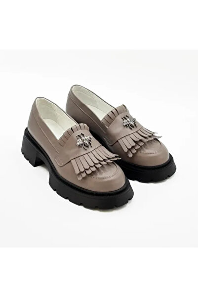 Piello Women's loafers, genuine leather, with fringes and metal accessory, Taupe grey