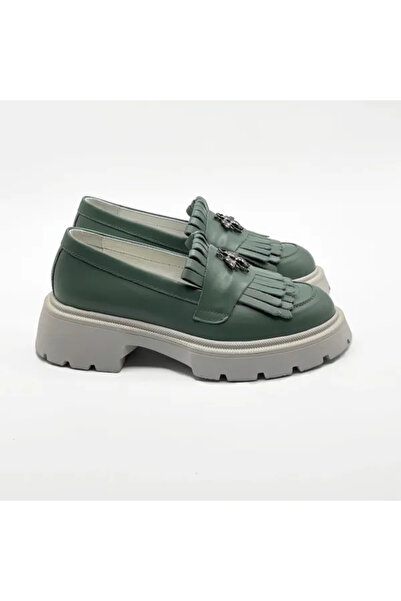 Piello Mocasini damă, piele naturală, cu Talpă albă și Accesoriu metalic, Verde