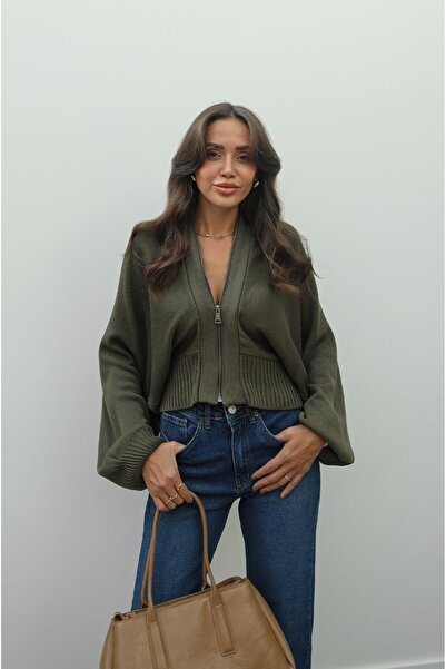 Havoş Khaki kardigan s netopýřími rukávy a předním zipem