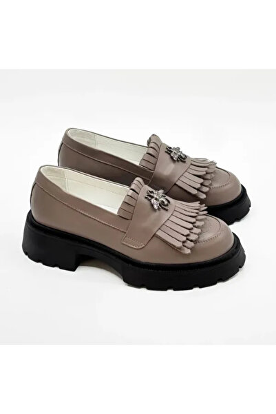 Piello Women's loafers, genuine leather, with fringes and metal accessory, Taupe grey