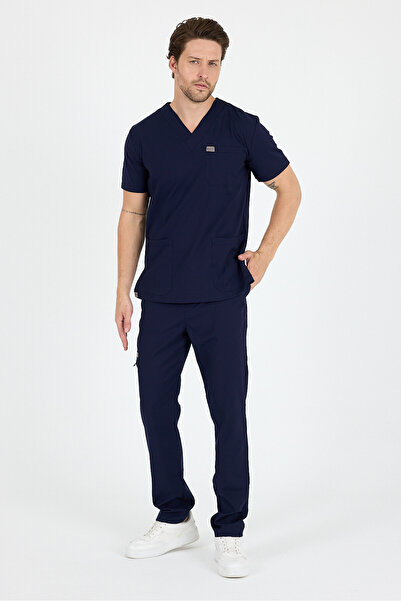 MAZEY UNİFORM زي طبي أزرق داكن من الفيسكوز والليكرا بياقة على شكل V وأكمام وه...