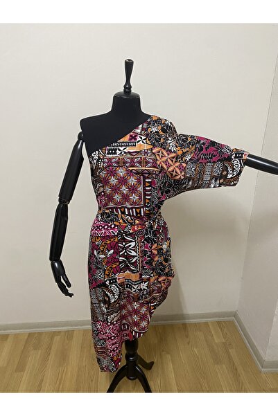 imoop design Women's Patterned One-Shoulder Slit Detailed Woven Chiffon Pareo