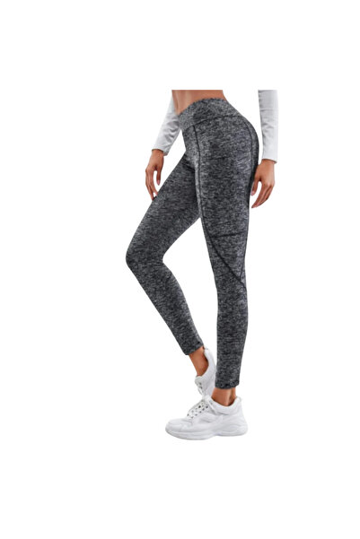 Fstyle Grey leggings with side pocket, long, tight gym clothes