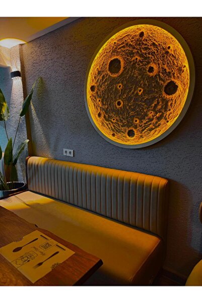 Moon 100 cm amber renk led inci beyazı çerçeve renginde metal çerçeveli dolunay tablo