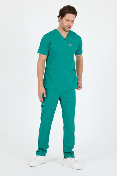 MAZEY UNİFORM زي طبي أخضر من الفيسكون والليكرا بياقة على شكل V وأكمام وهمية، ...