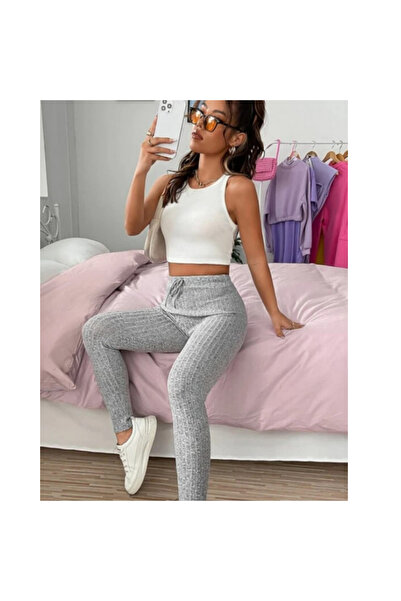 Fstyle Grey Drawstring Waist Tights Gym Wear