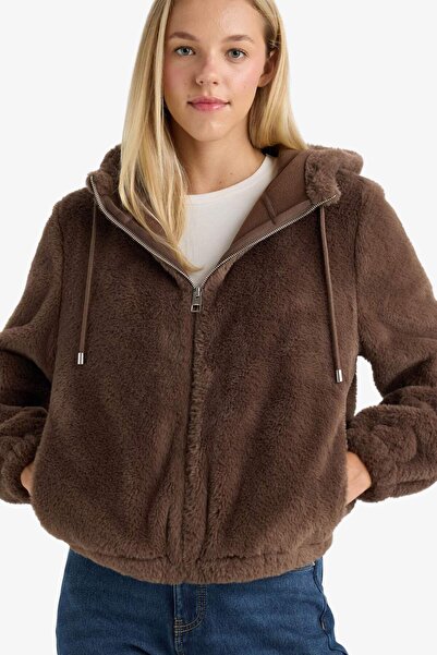 DeFacto Regular Fit Polar Astarlı Kapüşonlu Fermuarlı Suni Kürk F2148AX25WN