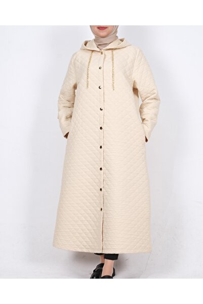 Modamorfo Hooded Chain Detailed Buttoned Quilted Cap -Beige