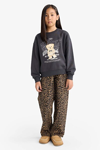 DeFacto Kız Çocuk Relax Fit Bisiklet Yaka Baskılı İçi Yumuşak Tüylü Sweatshirt E6780A825WN