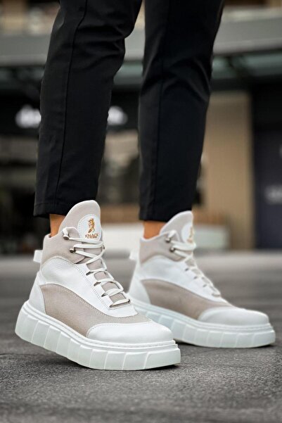 Zapatos KN104 Erkek Spor Günlük Bağcıklı Cilt Süet Bot CSBT - Beyaz