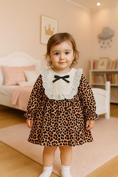 Bilge Trend Момичешки якичка с леопардов принт и фестон детайли Рожден ден, Концепция, Специално събитие, Празнична рокля