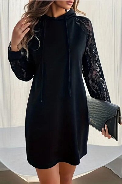 Mossta Lace Sleeve Hooded Viscose Two Thread Dress - Black