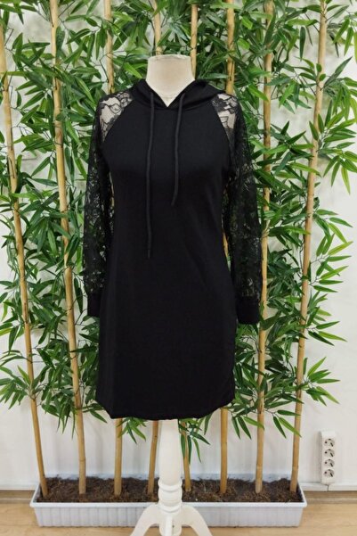 Mossta Lace Sleeve Hooded Viscose Two Thread Dress - Black