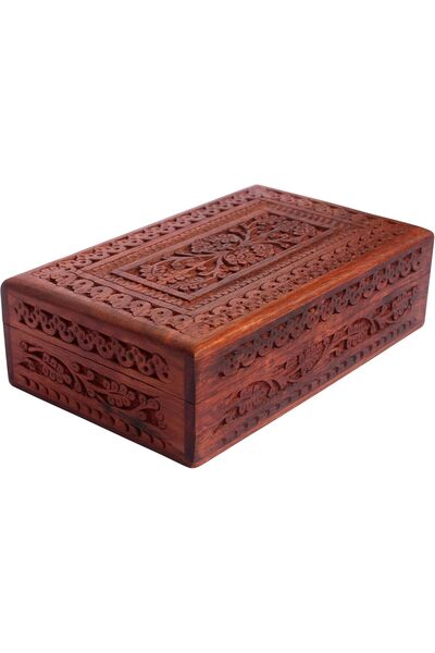 Hope صندوق مجوهرات خشبي مصنوع يدويًا - نقوش يدوية زهرية مع تطعيم نحاسي، 8 × 5...