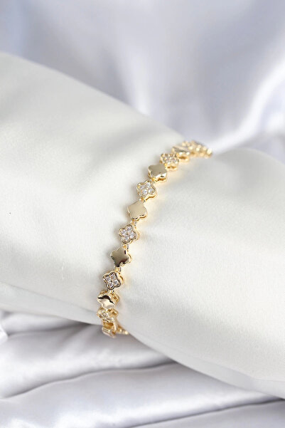 Epilons سوار نسائي من النحاس الذهبي مرصع بحجر الزركون على شكل ورقة البرسيم