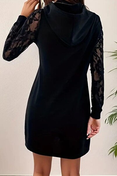 Mossta Lace Sleeve Hooded Viscose Two Thread Dress - Black