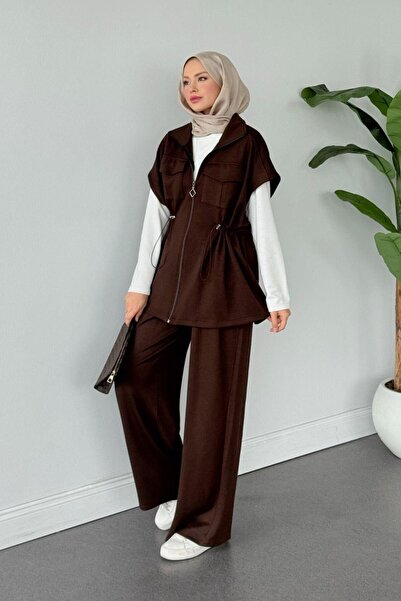 Şulemoda Giyim Retro Scuba Yelekli Takım Kahverengi