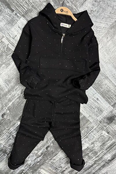 Minigimin Cicileri Set pentru fetiță cu glugă cu broderie cu piatră - Negru