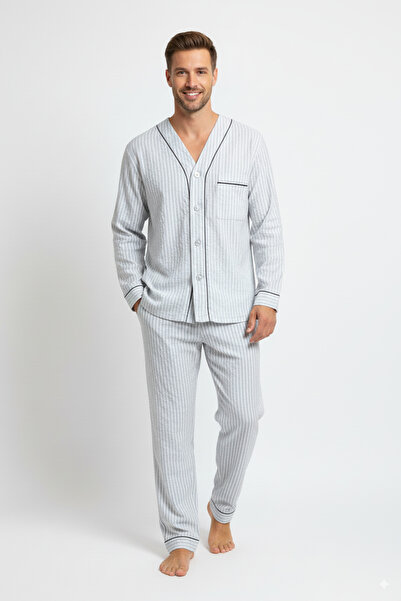 Oppland Erkek Pijama Takımı %100 İpek Kumaş Klasik Model Cepli Rahat Tam Kalıp