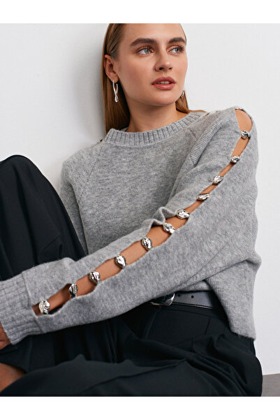 Dilvin 10810 Crew Neck Accessory Detailed Knitwear Sweater-Grey