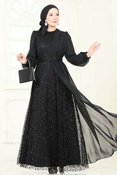 ModaMerve Payet Detaylı Şifon Abiye 2819ELC1143-MS Siyah