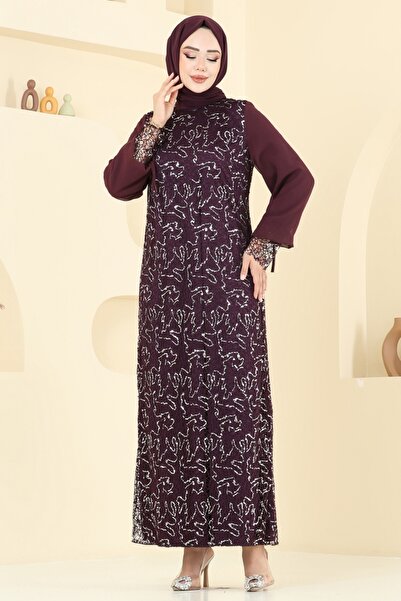 ModaMerve Broşlu Tesettür Abiye Elbise 2517ELC1143-MS Mürdüm