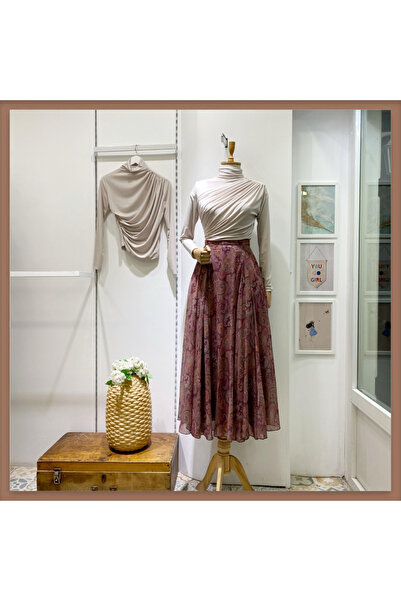 Faya Boutique Şal Desenli Mürdüm Şifon Etek