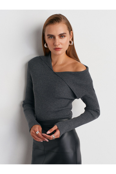 Dilvin 10815 Asymmetrical Collar Wool Ribbed Knit Sweater-Smoked M.