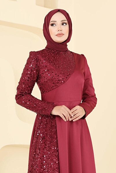ModaMerve Boncuk Detaylı Saten Abiye 2818ELC1143-MS Bordo