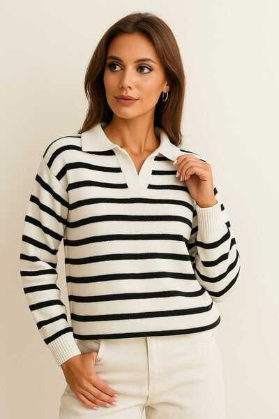 citystyle Pulover tricotat cu dungi, cu guler polo, pentru femei, alb/negru