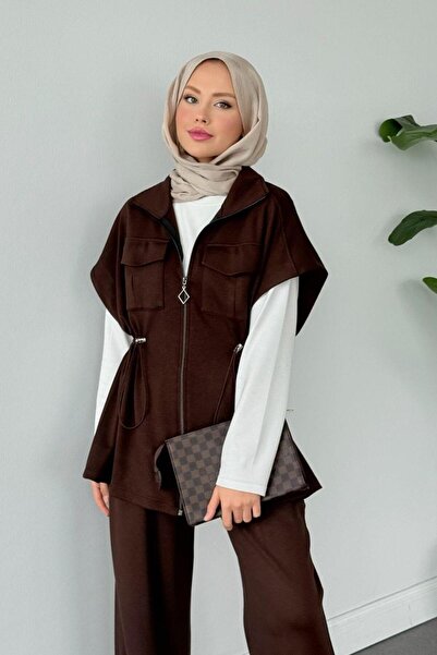 Şulemoda Giyim Retro Scuba Yelekli Takım Kahverengi