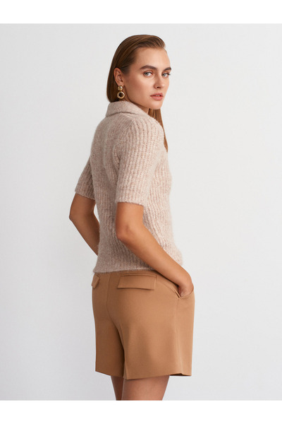 Dilvin 10814 Polo Neck Soft Textured Knit Sweater-Beige Melange