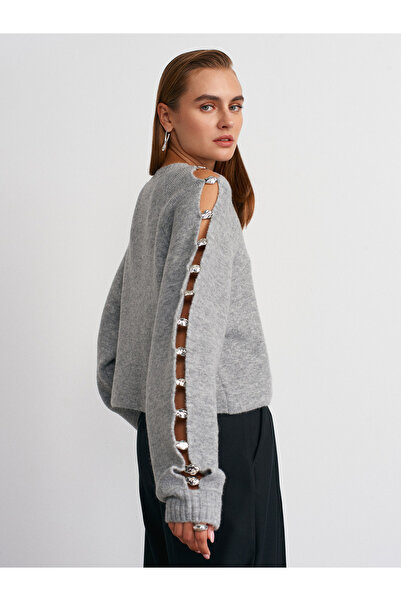 Dilvin 10810 Crew Neck Accessory Detailed Knitwear Sweater-Grey